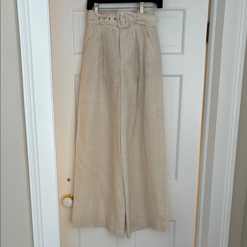 STAUD Wide-Leg Belted Linen Pants in Beige